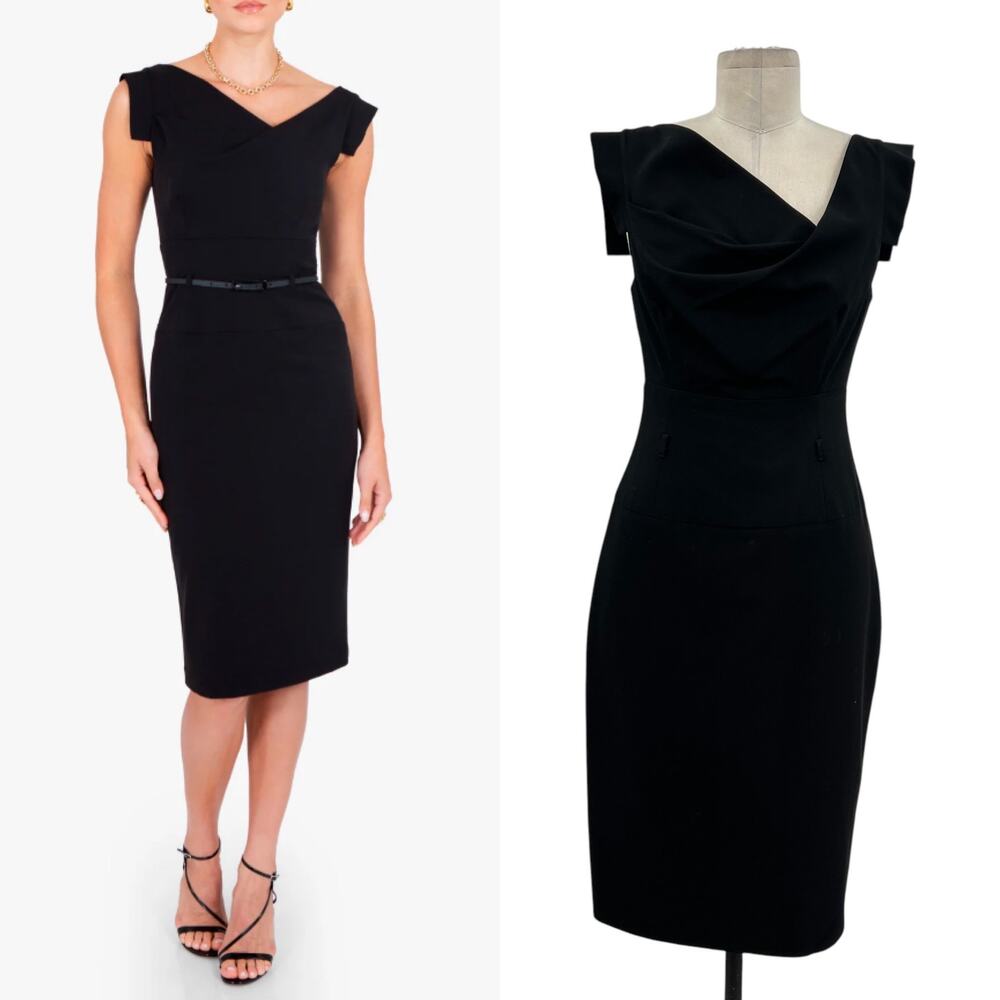 Black Halo Classic Jackie O Sheath Dress Pencil Cap Sleeve Black Size Medium